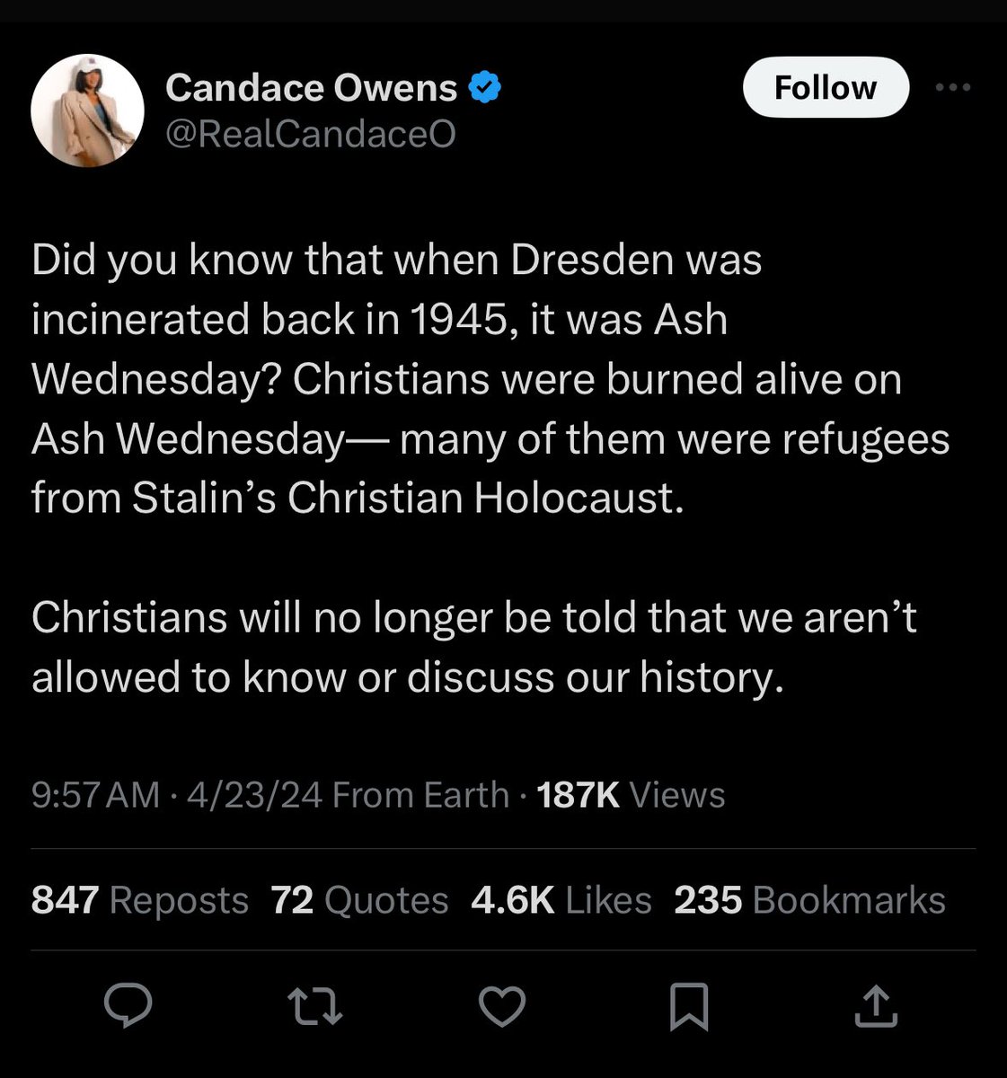 Unless I’m mistaken, England was full of Christians when the poor, innocent Germans bombed them. Same for France, Poland, etc etc. But that gets in the way of the narrative she’s presenting.