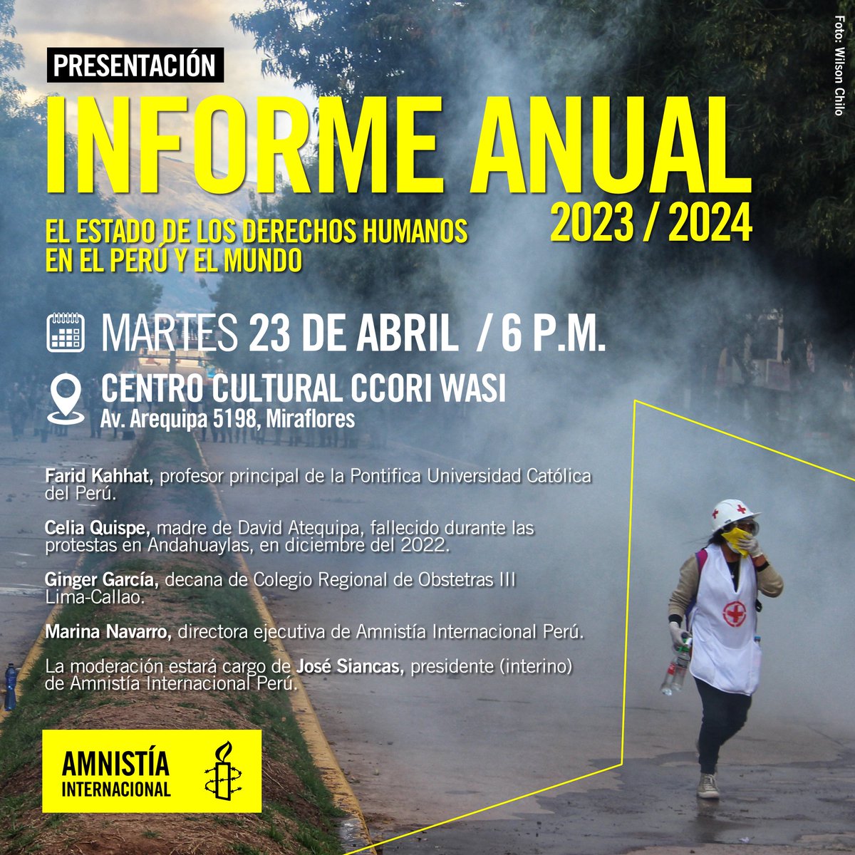 Inscríbete para participar #hoy en la presentación de nuestro Informe Anual 2023/2024: El estado de los derechos humanos en el Perú y el mundo 🌎. 👇 amnistia.org.pe/noticia/inform… 🗓️ Martes 23 de abril 🕧 6 p.m. 📍 Centro Cultural Ccori Wasi (Av. Arequipa 5198, Miraflores)