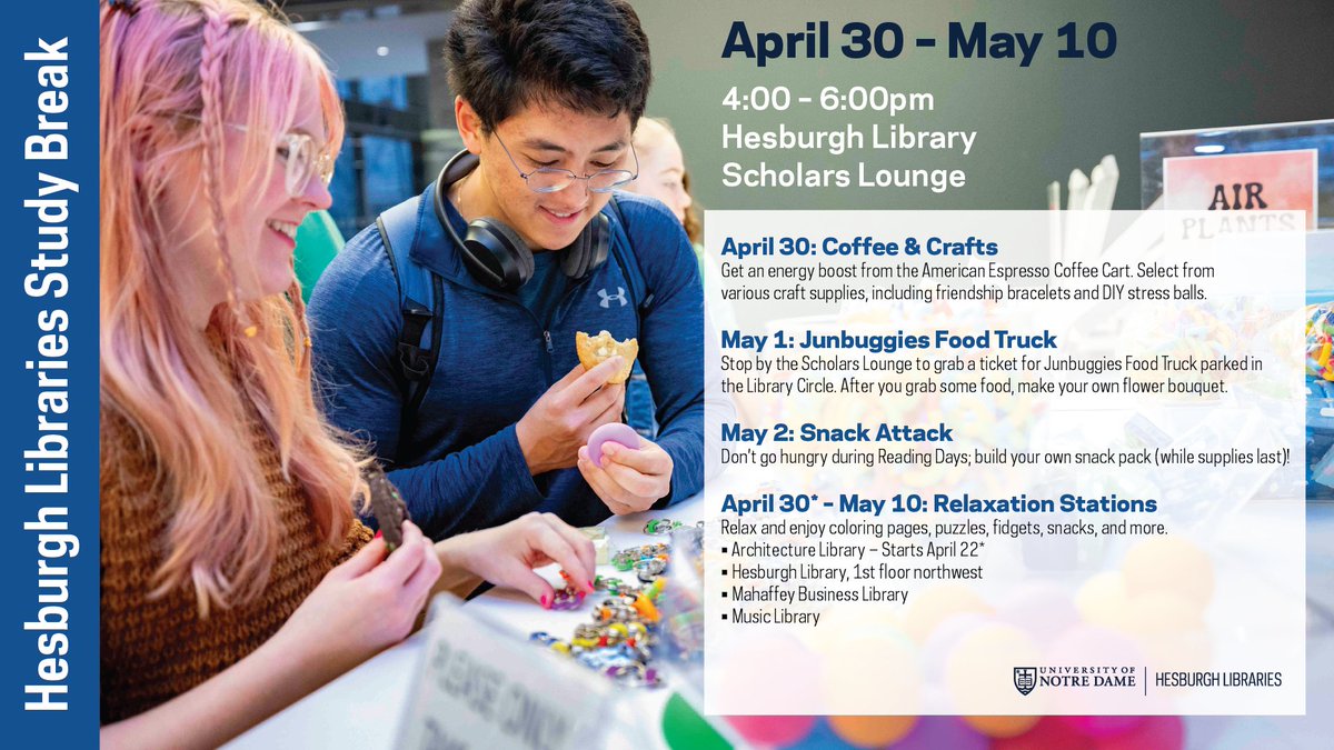 Need a break from studying for finals? April 30-May 2, 4-6 pm: Drop by the Hesburgh Library Scholars Lounge for food and fun! Relaxation stations available at various locations 24/7 until May 10! (Station at the Architecture Library open now.) Learn more: library.nd.edu/events/series/…