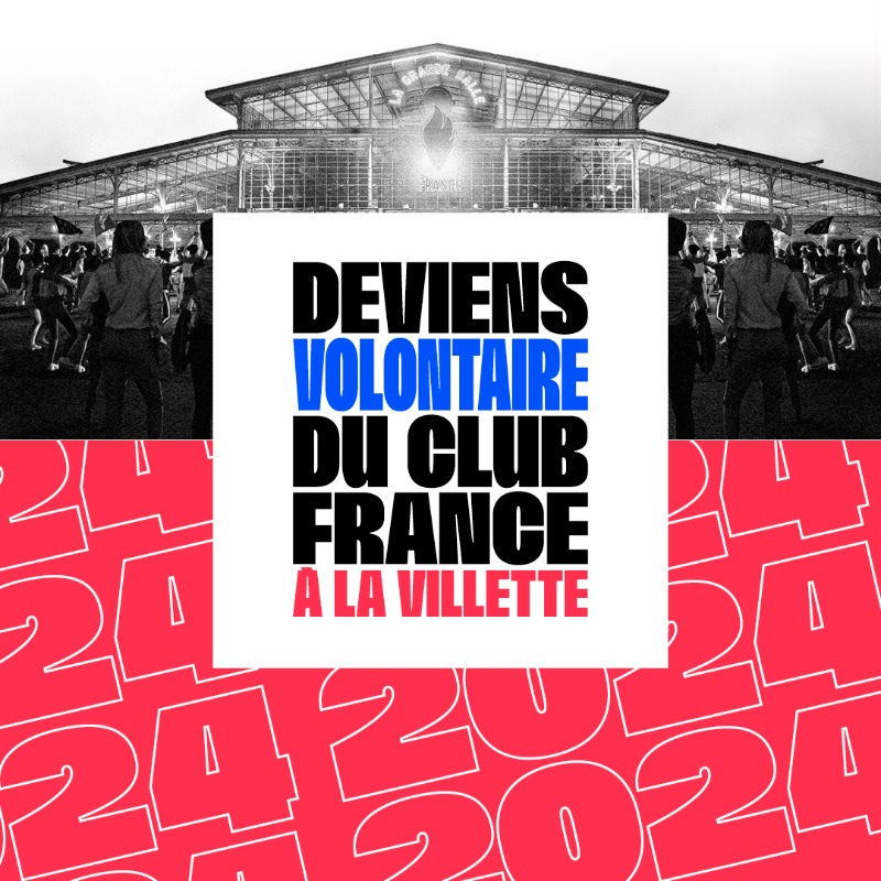 FranceOlympique's tweet photo. [#ClubFrance]
📢 DEVENEZ VOLONTAIRE AU CLUB FRANCE ! 🇫🇷

➡ Rejoignez l'organisation de la plus grande Fan Zone de l'Equipe de France ! 
➡ Faites partie des 1 000 volontaires !

📅 Rendez-vous à La Villette à partir du 27 juillet 2024 🔥

Pour candidater c'est maintenant !  👇
