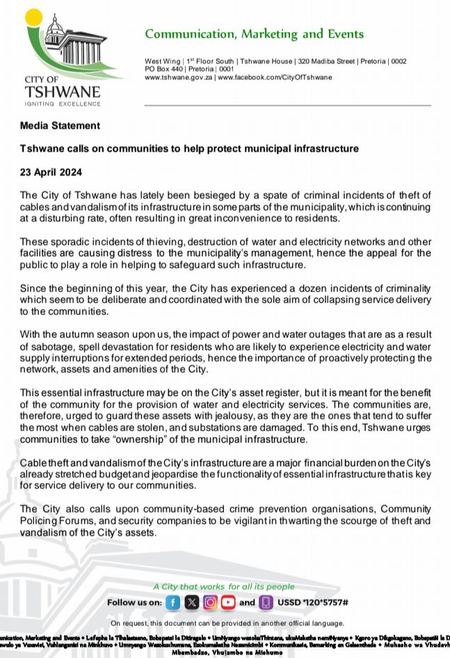 CityTshwane's tweet photo. Tshwane calls on communities to help protect municipal infrastructure https://t.co/hW9KKmSJ0I