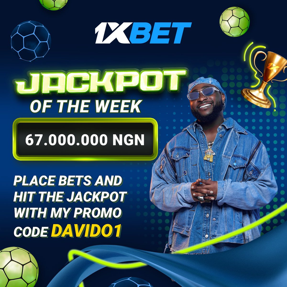 🎉 Join Jackpot of the Week on @1xbetngofficial 💰 Follow these steps:

1️⃣ Hit 'Take Part' on the promo page
2️⃣ Bet from Mon to Sun
3️⃣ Auto-enter the weekly jackpot draw
4️⃣ Update your details & opt for bonuses

Use my promo code Davido1 & let's win big: tinyurl.com/537cmn5v