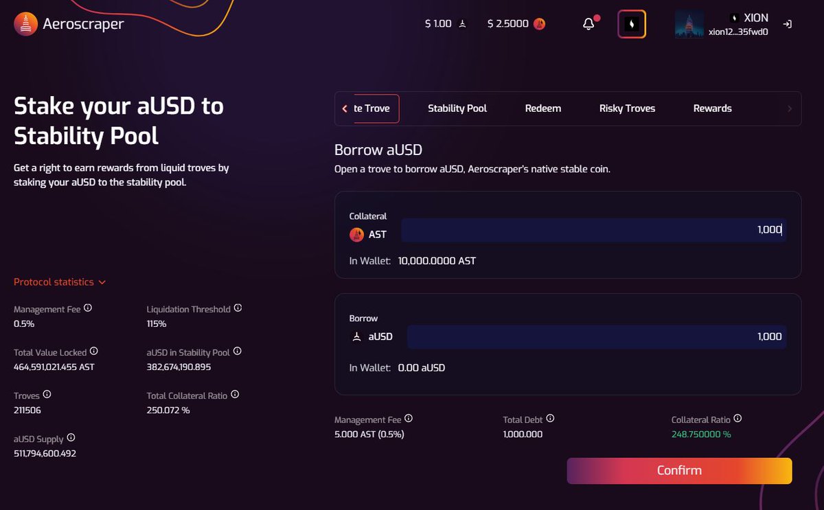 5⃣ 🚀 Dive into DeFi Protocols with Aeroscraper! 

💸 Create a loan in aUSD using AST, claimable on their platform. Then, deposit your aUSD into the stability pool for maximum gains! 🌊💰
