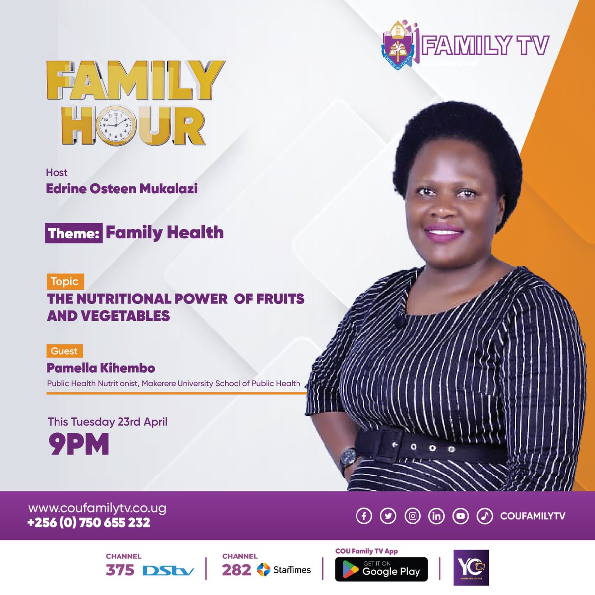 Fruits and vegetables help you maintain good health. Join @EdrineMukalazi on today's episode of #FamilyHour about health, as he hosts Pamella Kihembo, Public Health Nutritionist @MakSPH to share the nutritional power of fruits and vegetables. Don't miss out the show at 9PM, DSTV…
