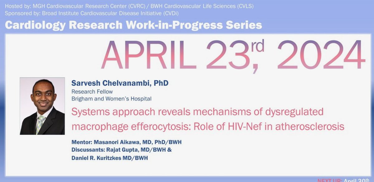 Brigham and Women’s Cardiovascular Life Science (@bwhcvls) on Twitter photo A reminder for this afternoon’s next installment of WiP! Featuring CVLS’ Sarvesh Chelvanambi. Details are in the calendar invite. <a href="/CICSnews/">Brigham and Women’s CICS</a> A reminder for this afternoon’s next installment of WiP! Featuring CVLS’ Sarvesh Chelvanambi. Details are in the calendar invite. <a href="/CICSnews/">Brigham and Women’s CICS</a>