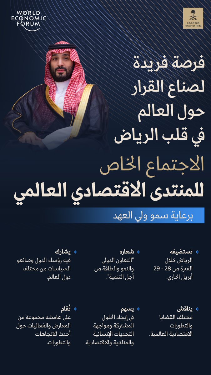 تحت رعاية سمو #ولي_العهد؛ الرياض تستعد لاستضافة الاجتماع الخاص للمنتدى الاقتصادي العالمي 2024. #الاجتماع_الخاص_بالرياض