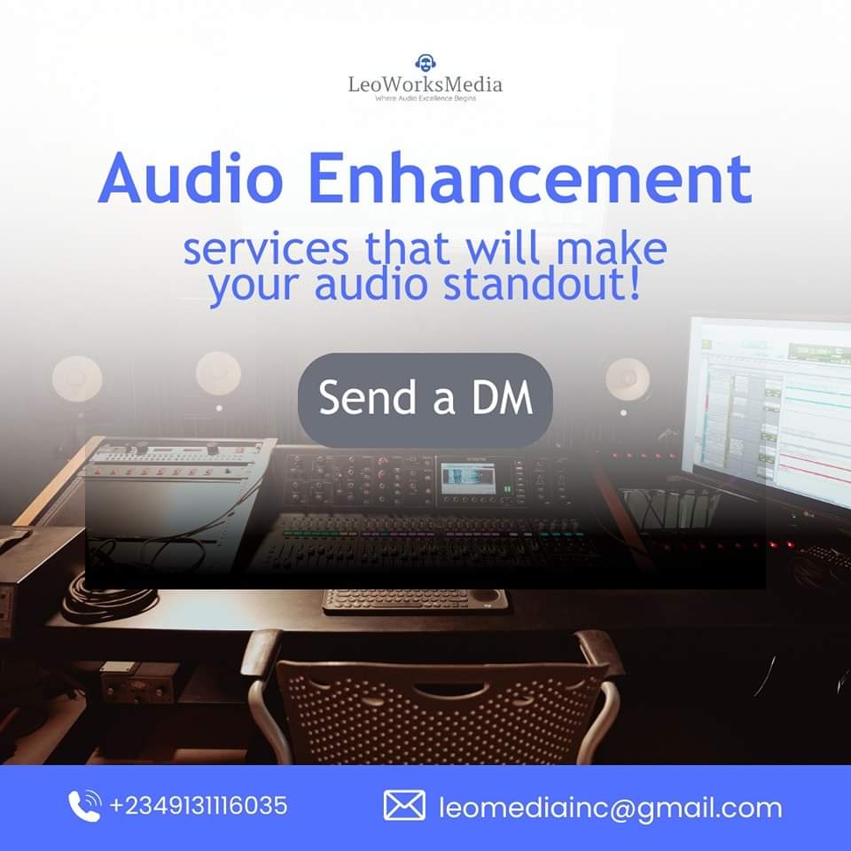 Elevate your audio quality with our top-notch Audio Enhancement services. 

Got any question for us? Send us a DM. 

#LeoWorksMedia #audioediting #audiobookproduction #sounddesign #podcastediting #audioengineer #lagosaudioengineer #audioenhancement #podcast