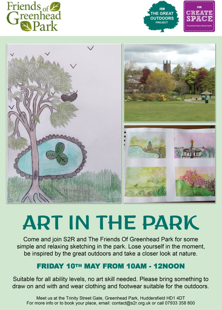 We're running another brilliant Art In The Park session this Friday (the 10th May) from 10am - 12noon in Greenhead Park. No art experience necessary. Everyone is welcome! Email: contact@s2r.org.uk to book your place @HuddsHub @cr8tivekirklees @ServiceWellness @Creat1ve_M1nds
