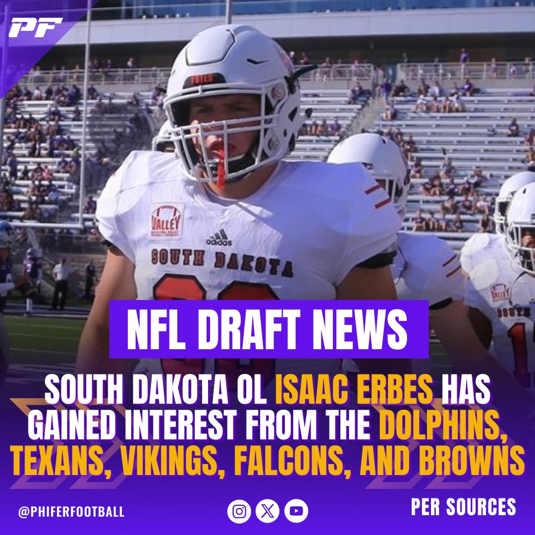 TannerPhifer's tweet photo. 🚨@SDCoyotesFB OL Isaac Erbes has been contacted by the #Dolphins, #Vikings, #Texans, #Giants, #Falcons, and #Browns, per a league source.Half a dozen teams have him on their radar, standing at 6'5", 329 lbs, the film is impressive. @XPANDSports https://t.co/QvNVGcefiR