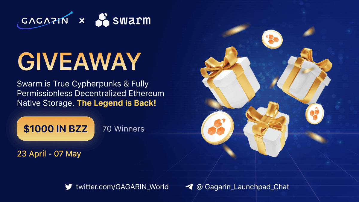 💥$1,000 #giveaway on the occasion of the 
<a href="/ethswarm/">Ethereum Swarm</a> and <a href="/GAGARIN_World/">GAGARIN World</a> partnership

🎁 $1,000 worth $BZZ
🏆 70 winners
📅 Dates: 23 April - 07 May

✅Like, RT &amp; Tag 3 Friends
✅Complete tasks and win 
taskon.xyz/campaign/detai…

#gleam #airdrop #CryptoNews #web3 #TaskOn #Zealy