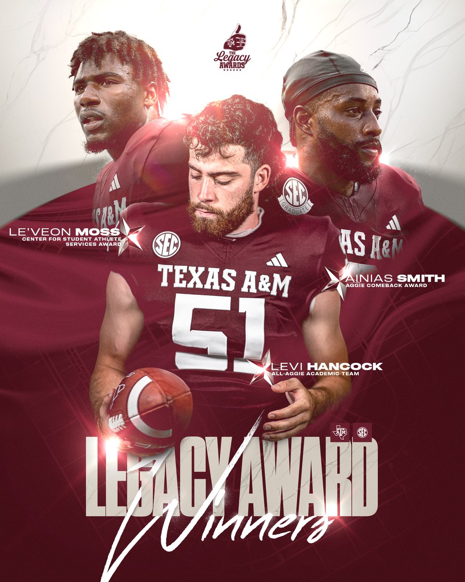 Congrats to our winners from last night's Legacy Awards 🏆 • @turnUplevee - Center For Student-Athlete Services Award • @ainias_smith - Aggie Comeback Award • @HancockLevi15 - All-Aggie Academic Team #GigEm