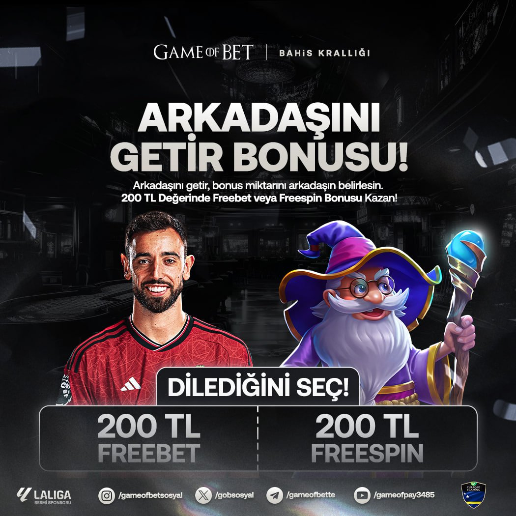 🐺 Üye Ol : gob.today/guncelgiris 💵Kralların Sitesi #Gameofbet'te Arkadaşını Getir Sende Kazan 🤑Arkadaşını Getir 2⃣0⃣0⃣ ₺'ye Kadar Spor veya Casino Bonusu Kazan 💸Bonus Miktarını Arkadaşın Belirlesin, Dilediğin Bonusu Seç, Kazanmaya Devam Et Güvenilir Bahis #Gameofbet