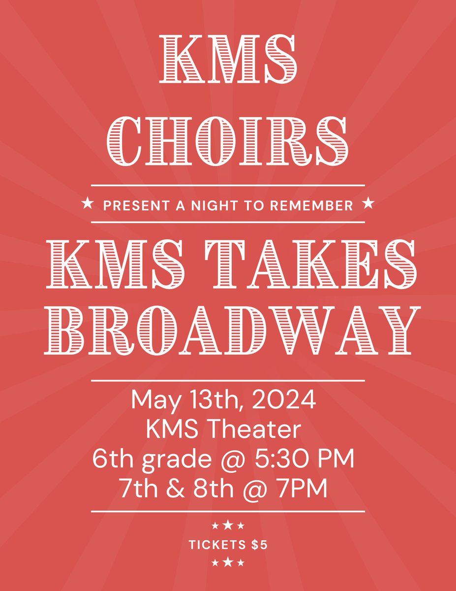 Join us as KMS choirs present our annual pop show “KMS Takes Broadway” on Monday, May 13th! Tickets are on sale now! #KMSChoir #KMSCougarPride 

my.cheddarup.com/c/2023-2024-km…