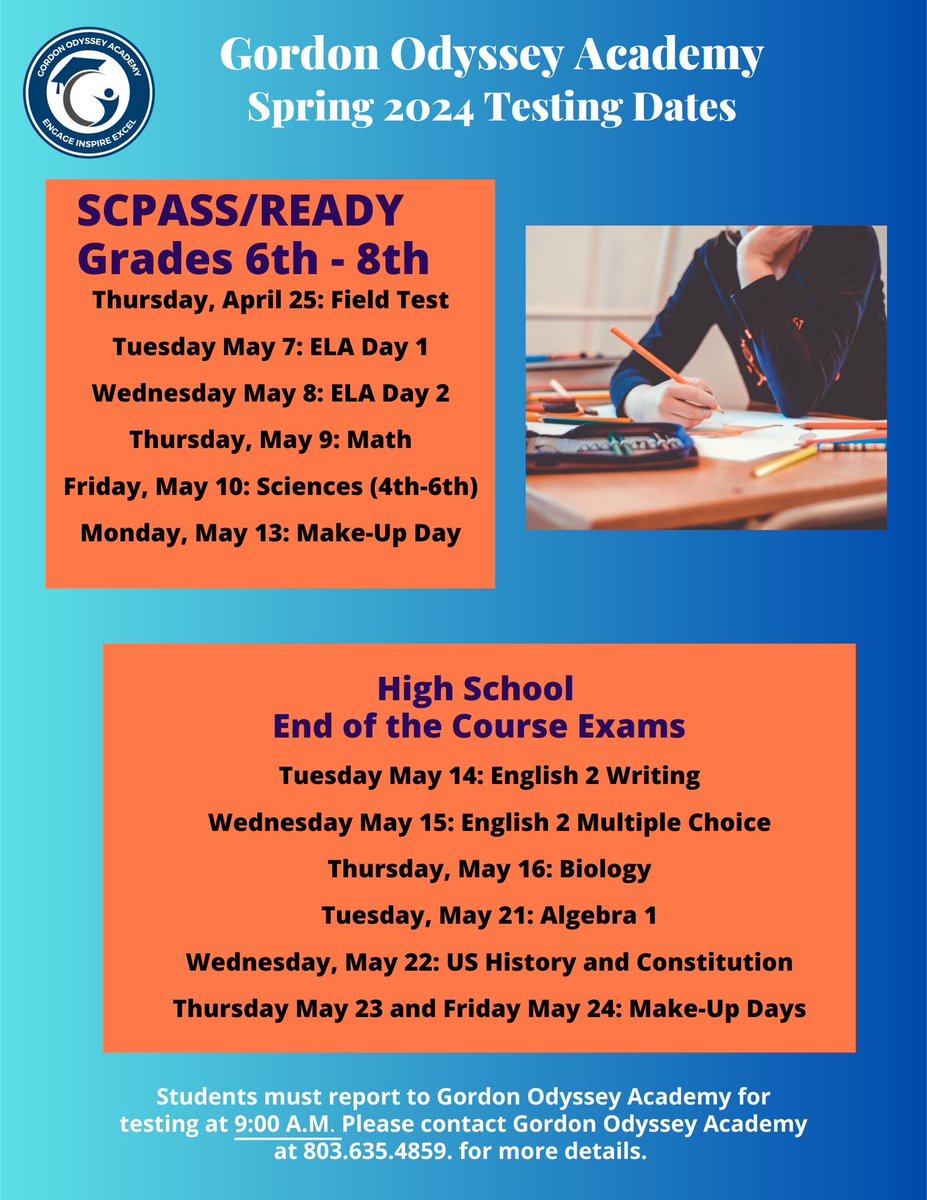 Brace yourselves! 📚 Testing season is upon us. Our students are prepared! Please see the testing schedule below.#HighStakesTesting #SuccessIsTheInevitable #EmpowerEducation #SCReady #EOCEP