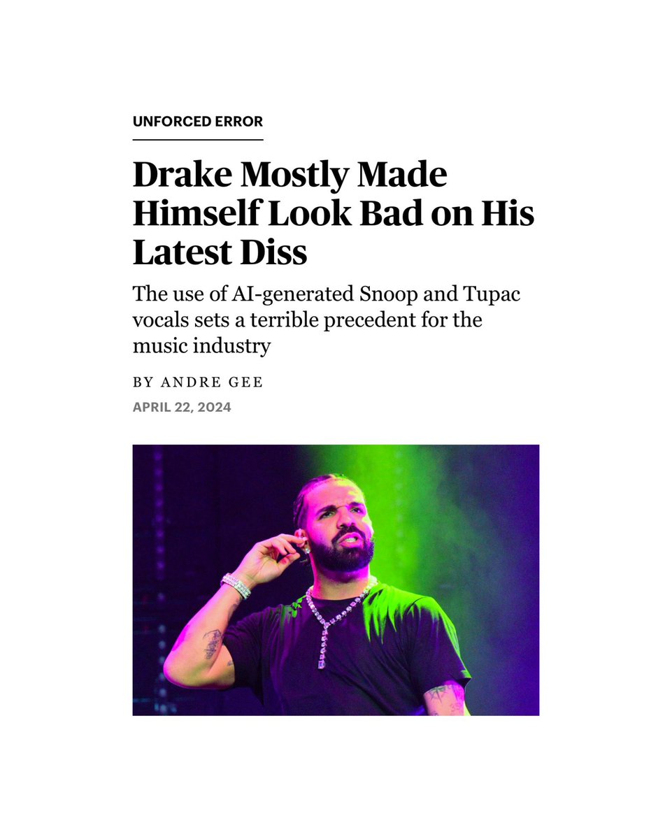 HipHopAllDay's tweet photo. 'Taylor Made Freestyle' was a bad move by Drake according to Rolling Stone 🫣❌

"Drake evoked Tupac to reference whispers about his alarming interactions with teenage girls"

"Reverse psychology won’t work with an allegation that serious… It’s weak for him to use Tupac vocals to do so"