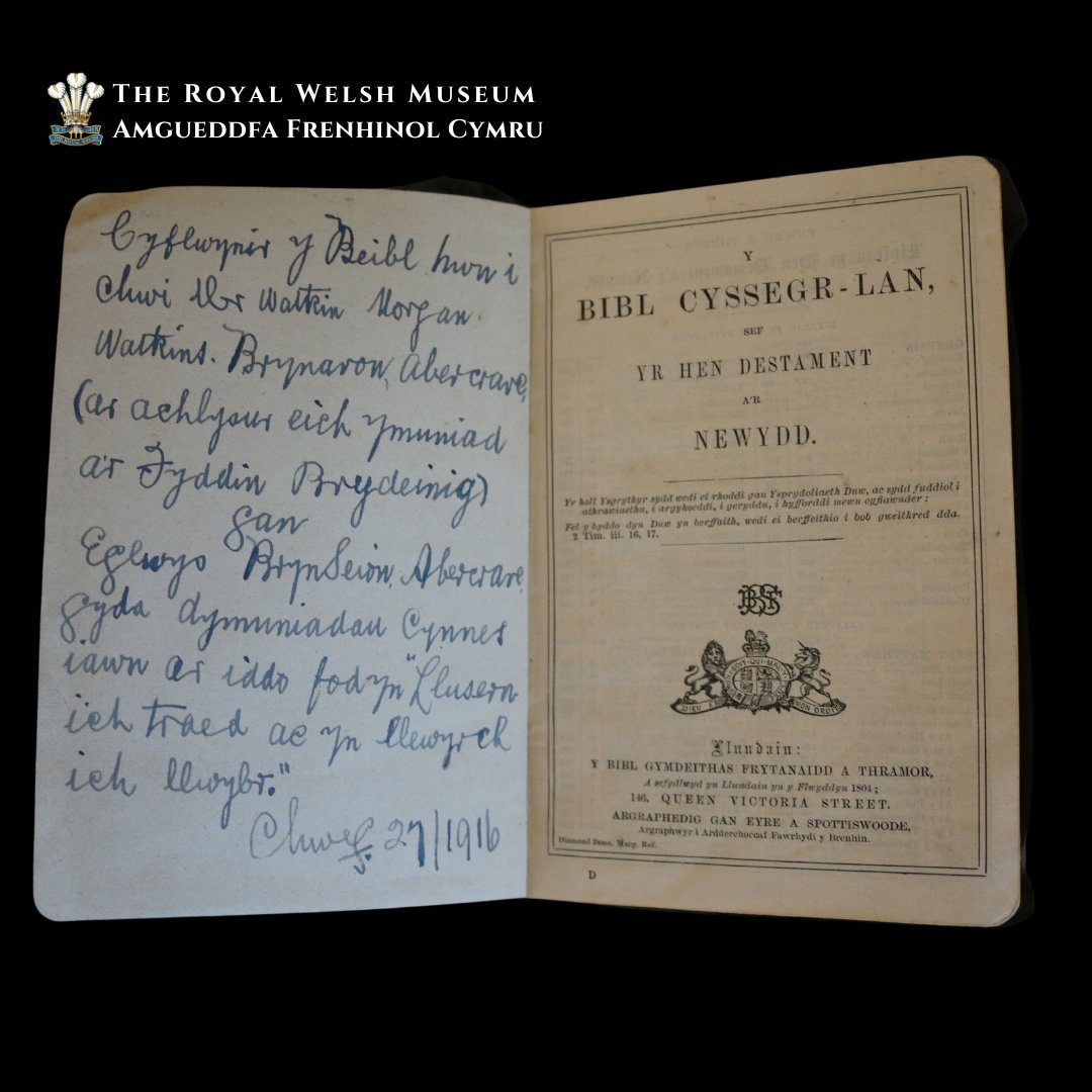 Welsh language bible dating from #WW1 presented to Watkin Morgan Watkins when he joined the Brecknock Battalion, SWB, in Feb 1916. The message inside reads: “This bible is presented to you on joining the British Army by Bryn Seion Chapel, Abercrave, with very warm wishes...'