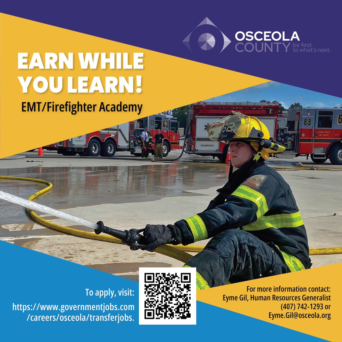 SENIORS! Interested in becoming an EMT/Firefighter? 🚒🚑

Want to get paid full-time while completing your schooling for free?

✔️Apply by the end of April 
✔️Complete 2023-2024 AND 2024-2025 FAFSA
✔️Complete all Valencia enrollment steps #SDOC4E #SDOCGoodToGreat #OsceolaProsper