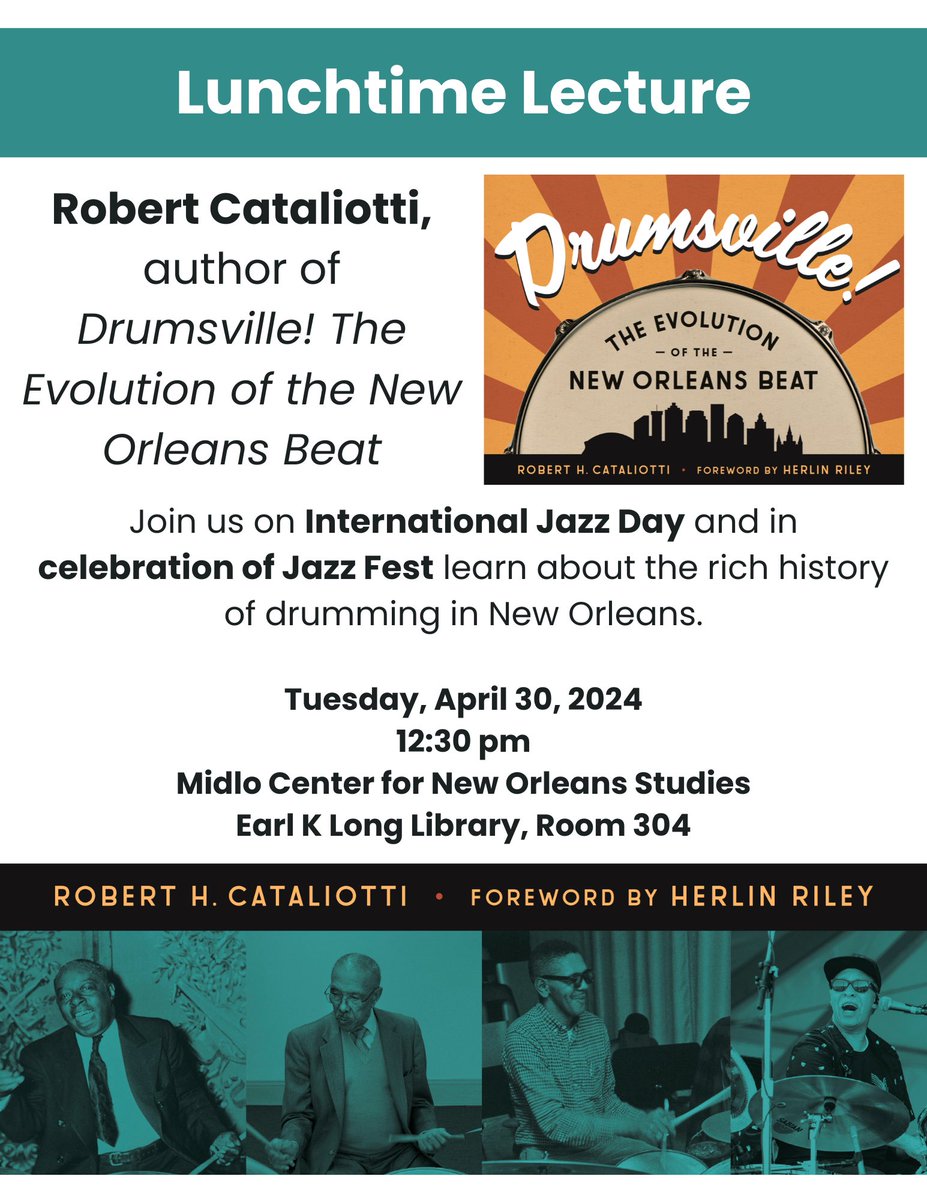 Looking forward to celebrating International Jazz Day during NO Jazz Fest @ the UNO Midlo Center. ⁦@lsupress⁩ ⁦@nolajazzmuseum⁩ ⁦@MidloCenter⁩ #drumsville #jazzfest #neworleans