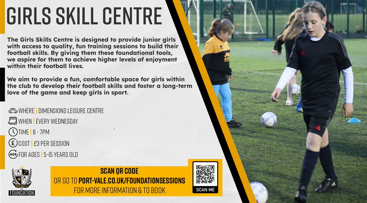 ⚽️ | Girls Skill Centre Our programme provides girls aged 5-15 with engaging sessions to develop their football skills. Join us tomorrow at Dimensions Leisure Centre from 6-7PM. Book here 👉 bit.ly/PVSessions #PVFC | #PVFCFoundation