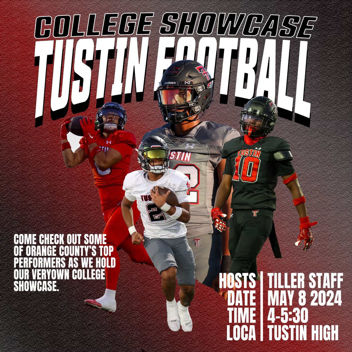 1st Annual College Showcase set for May 8th 2024 at Tustin High School . We are thrilled to be welcoming @Leuzinger_FB athletes to come down and compete as well! Should be a lot of great talent on display @Tiller_Football #TuffTown #RecruitTustin