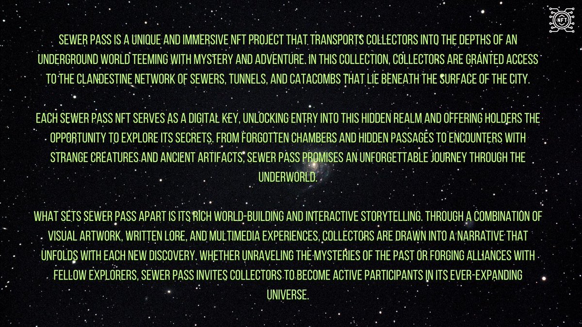 MetaObs_io's tweet photo. Sewer Pass
Date of launch: Jan 2023
Creator: Yugalabs
Number: 2,427
Link to the OpenSea: https:https://t.co/WUzZsdOIto
Link to the Website:https:https://t.co/4I6IGM3Fne
#SewerPass #UndergroundAdventureΒ
@sewer_passx @Jarritos @KatieShockArt https://t.co/m5AsQdKOV9