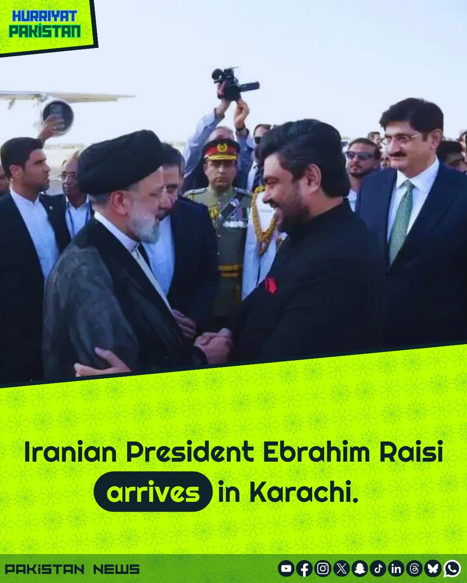 Iranian President Ebrahim Raisi arrived in Karachi on Tuesday evening as part of his three-day official visit to Pakistan. 

#news #Pakistan #HurriyatPakistan #Karachi #Iran #Islamabad #Lahore | #پتاچلا_اسلحہ_کہاں_سے_آتاہے | #ImranKhan #BackOurGirls | Establishment