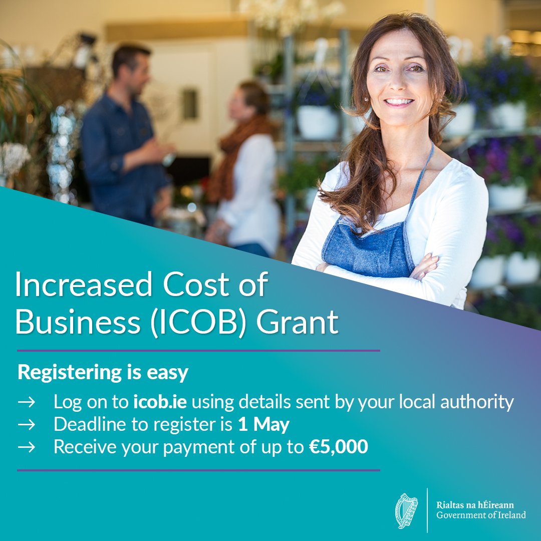 LocalGovIre's tweet photo. A once-off Increased Cost of Business Grant is available to small and medium size businesses that pay commercial rates. Councils are writing to rate payers with details of how to register. Don’t miss out; register by May 1st at https://t.co/U6AgbpBNkn @DeptEnterprise https://t.co/sR8Nfyw9Zd