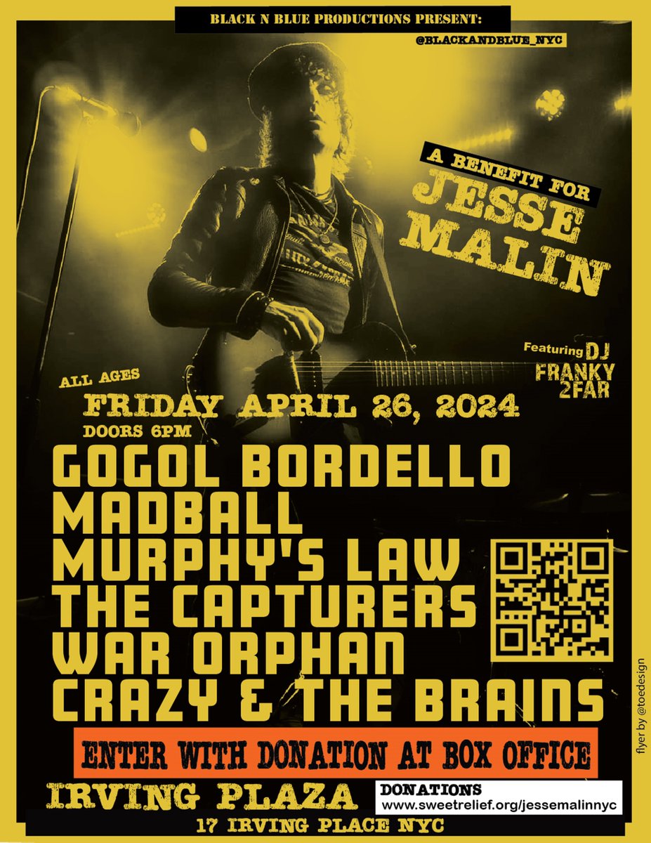 New York! Come out to Irving Plaza this Friday, 4/26, to help fund treatment for New York legend Jesse Malin. Don’t miss Gogol Bordello, Madball, and more! Entry with donation at box office. Additional donations can be made online at sweetrelief.org/jessemalinnyc