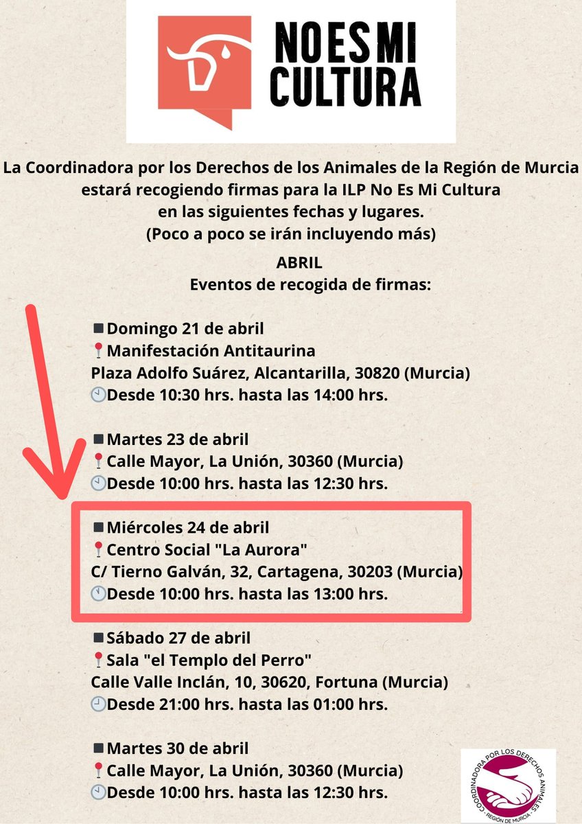 🐂 Mañana se realizará una recogida de firmas de la ILP impulsada por @NoEsMiCultura  en el Centro Social La Aurora C. Tierno Galván, 32, 30203 Cartagena, Murcia.
🗓️ Miércoles 24 de abril.
⏰ 10:00h a 13:00h
📍 Cs La Aurora Cartagena.
#noesmiculturailp 
#NoEsMiCultura