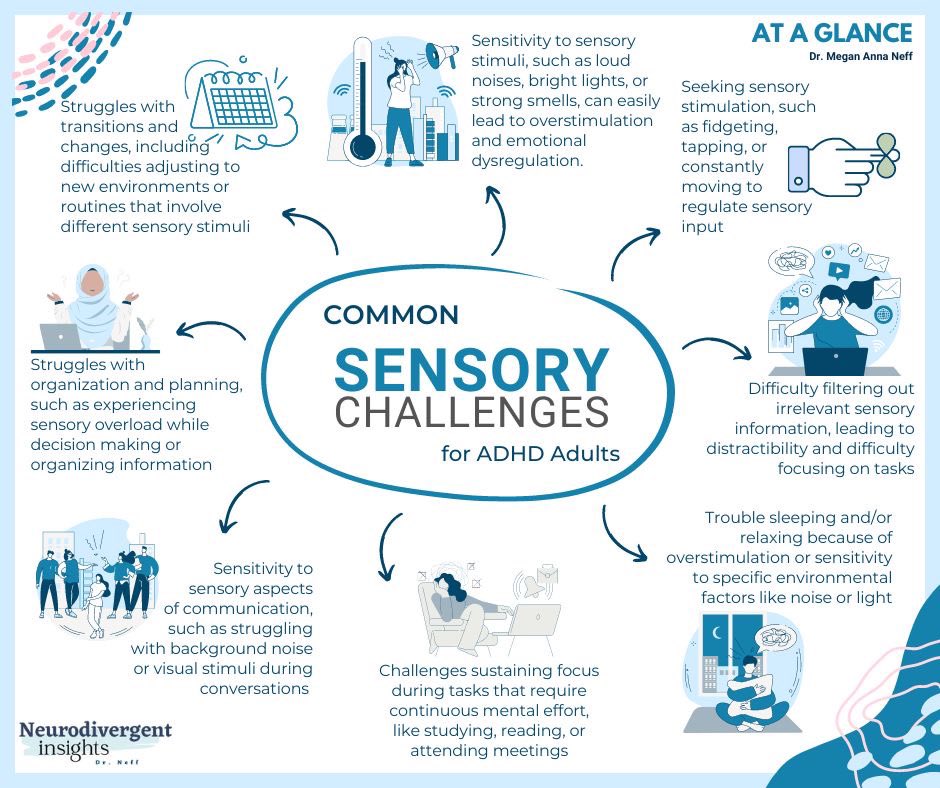 Sensory overload can intensify distractibility and stress in people with ADHD. Their heightened sensitivity to stimuli can make it harder to filter out background noise or focus on tasks. This can lead to feelings of overwhelm, fatigue, and difficulty concentrating.