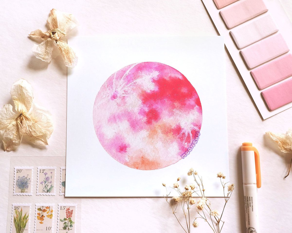 moonchu_'s tweet photo. whirring around in my spaceship &amp; i saw this luminescent pink moon 🌷 so i painted it.

pink moon in the sky tonight 🌙
#moonchu #pinkmoon #pinkmoon2024 https://t.co/UPJiuSi34A