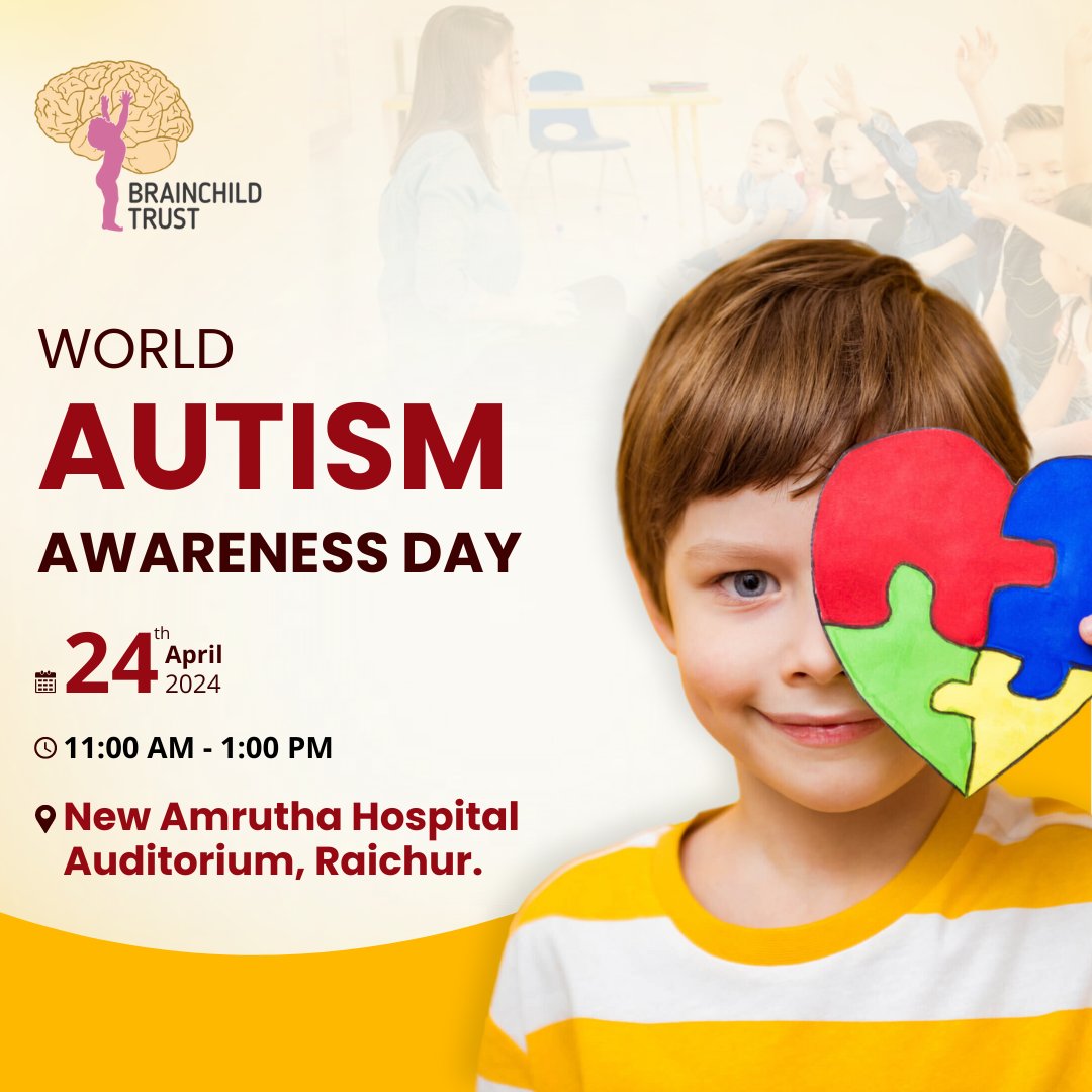 World Autism Awareness Day
Date: April 24th,2024
Time: 11:00 AM - 1:00 PM
Where: Auditorium, New Amrutha Hospital, Raichur

 #Autism #AutismAwareness #AutismAcceptance #AutismSpectrumDisorder #autismspeaks #AutismJourney #autismcommunity