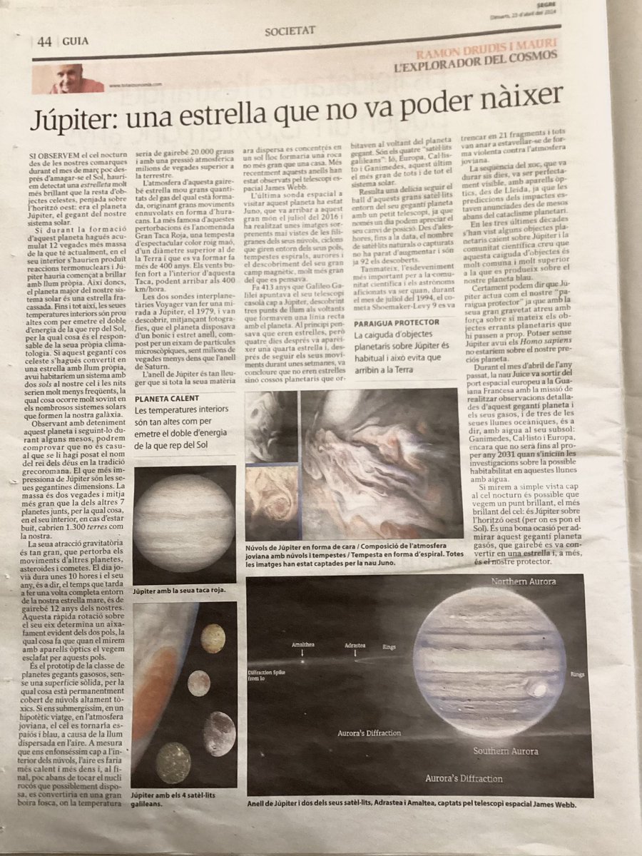 R_Drudis's tweet photo. Article d’astronomia d’avui, ”Diada de Sant Jordi 2024” publicat en el diari “Segre” de Lleida.
#astronomia #júpiter #lleida https://t.co/1Vv1UmBqwL