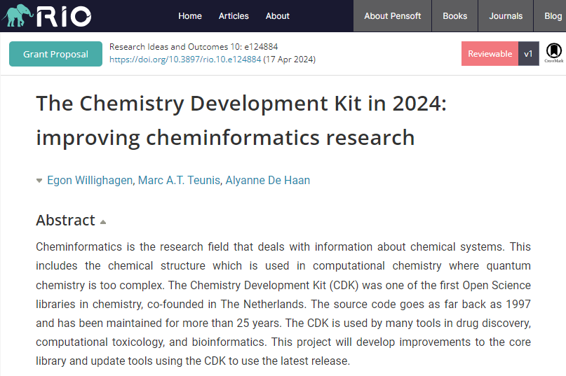 🆕Project at @MaastrichtU will improve the #Chemistry Development Kit's core library & update tools that use. The Kit is a leading #opensource #cheminformatics tool & powers much of the #cheminformatics research. 👉Grant Proposal: doi.org/10.3897/rio.10…. Funded by @NWOFunding