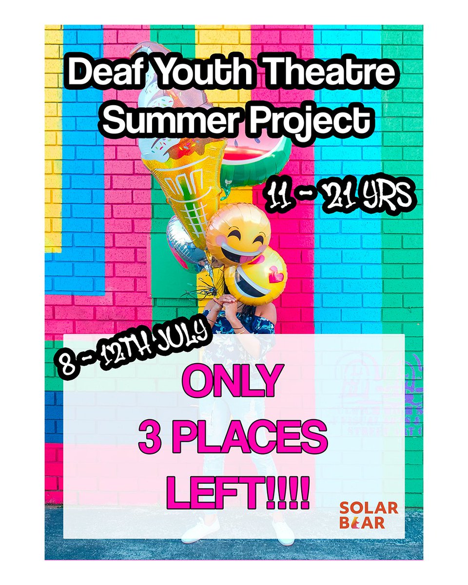 👉ONLY 3 PLACES LEFT!!!!... for Deaf Youth Theatre, Summer Project 🏖, 2024. 
11- 21yrs
8th - 12th July 
To book your place email: alice@solarbear.org.uk
or visit - solarbear.org.uk/dyt/summer-pro… @Craigie_High @St_Rochs @Greenwood_Acad @FVSensoryCentre
#summertimevibes #summerproject