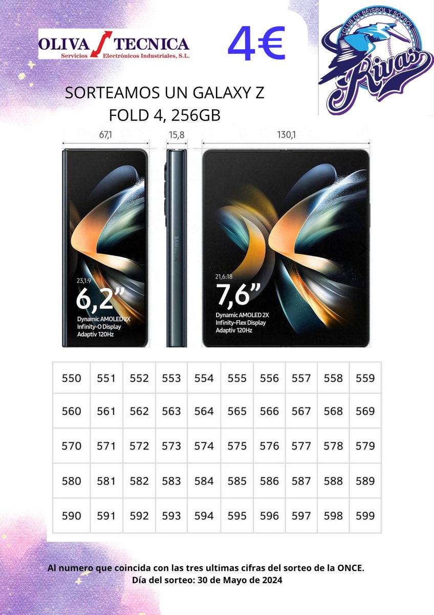 Por probar...

Para cubrir gastos de participación en el europeo de clubes nuestro club CBS Rivas sortea un Galaxy Z Fold4 de 256 GB. Cada número son 4€ (Bizum). Ganador 3 últimas cifras sorteo de la ONCE del 30 de mayo.

Interesados escribirme mensaje privado. Gracias🙏