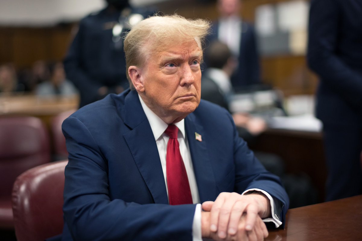 Former President Donald Trump inside the NYC courtroom on Tuesday for his historic criminal hush money trial. Earlier Judge Juan Merchan decided to wait until later to rule after on whether Trump violated his gag order with social media posts attacking likely witnesses. Credit: