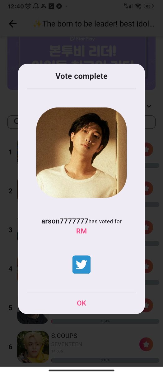 ✨The born to be leader! best idol leader✨ Vote complete! arson7777777 has voted for RM .
#스타플레이  #STARPLAY 
tinyurl.com/mrxd82z5