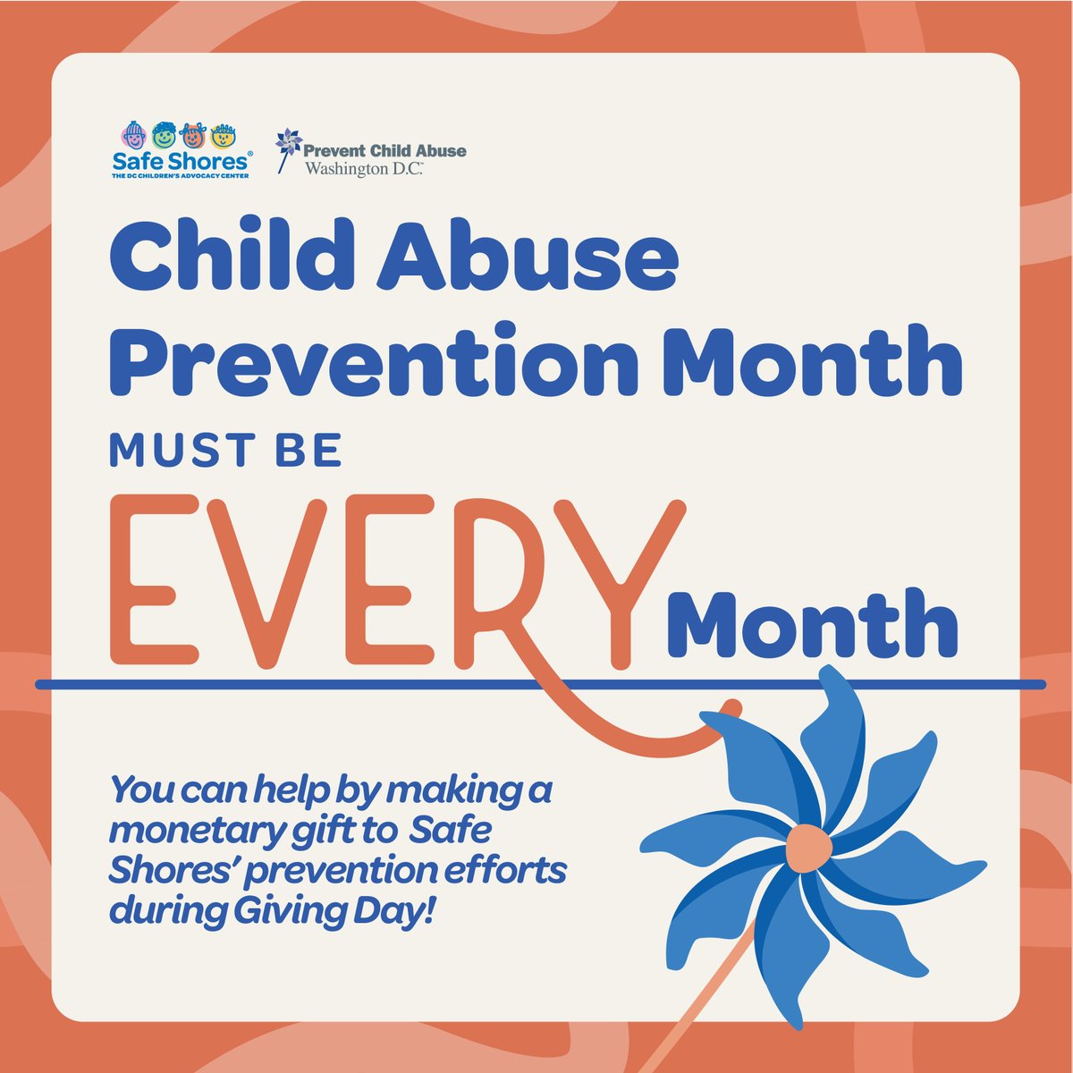 SafeShoresDC's tweet photo. Every day is a day to make a difference, and Child Abuse Prevention Month must be every month.
 
You can help ensure that cost is never a barrier for our prevention trainings by making a donation today! Visit https://t.co/xbJUvjmTth 
 
#childabusepreventionmonth #givingday https://t.co/36wR9M1Gxe