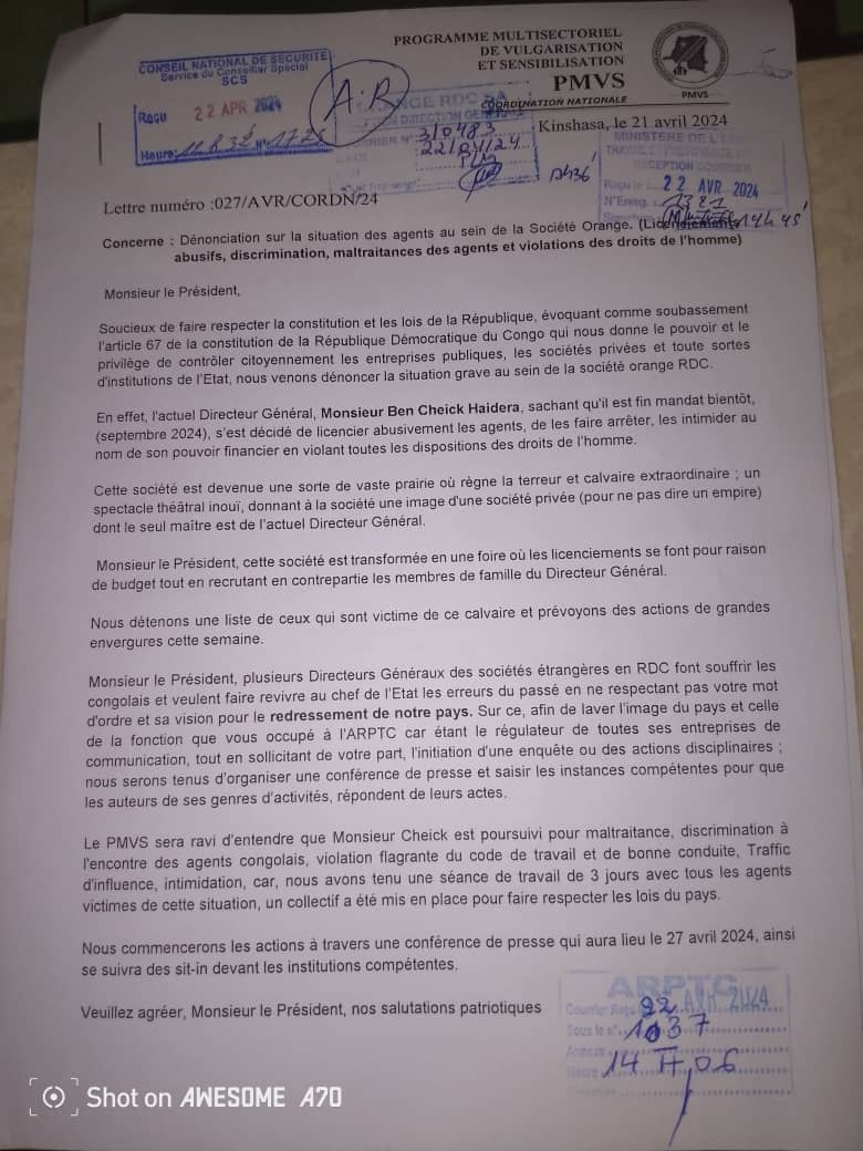 #Rdc Cette Énième alerte de Licenciement abusif et arrestation, discrimination, maltraitance des agents chez Orange Rdc,cette correspondance du PMVS à l'ARPTC pour diligenter des enquêtes chez Orange RDC contre le DG Ben Cheick Haidera fait rage (Doc) Ni Bia Nguvu