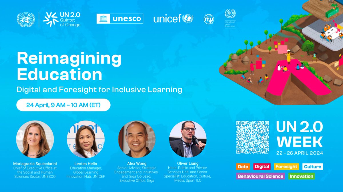 Want to discover more on how connectivity, digital technologies and foresight can transform #Education for #children? 🌍 Join an inspiring panel line up including our Giga co-lead, Alex Wong on 24 April at 9 AM (ET) for this @UN 2.0 week session! 🌐 wfp-org-conference.zoom.us/webinar/regist…