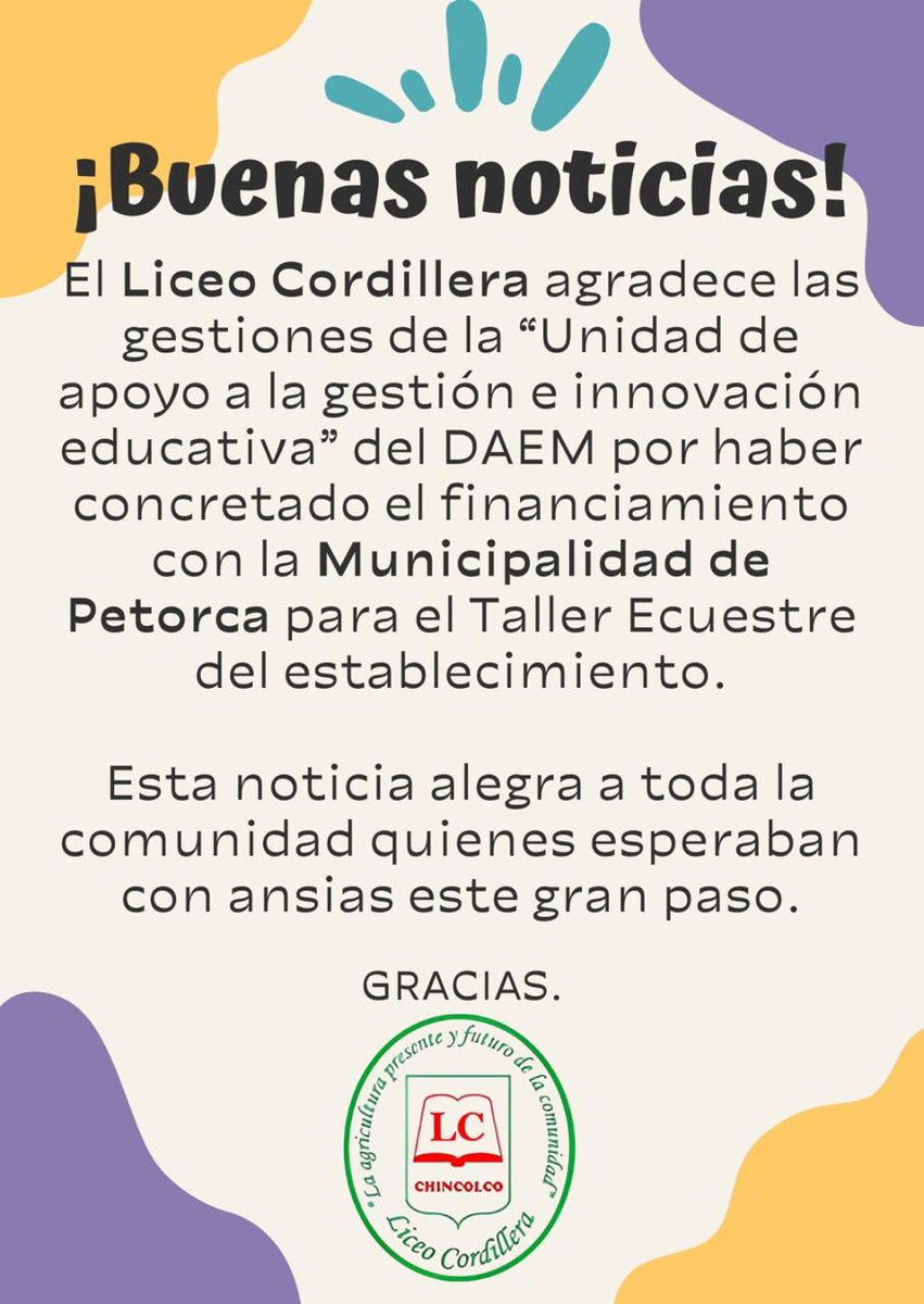 ¡Buenas noticias!
El Liceo Cordillera agradece las gestiones de la 'Unidad de apoyo a la gestión e innovación educativa' del DAEM por haber concretado el financiamiento con la Municipalidad de Petorca  para el Taller Ecuestre del establecimiento.