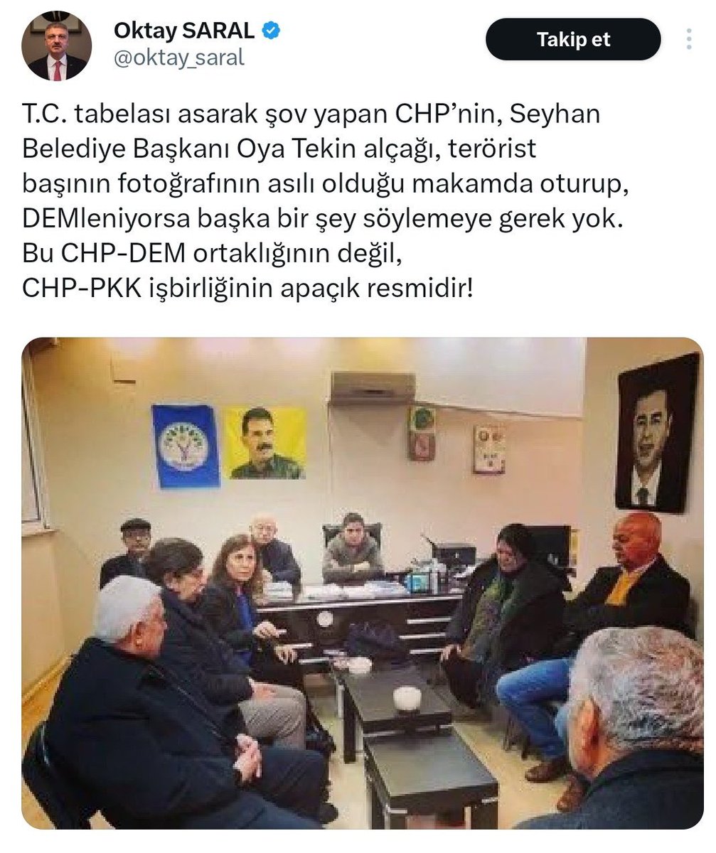 CHP Seyhan Belediye Başkanı Oya Tekin’in DEM Parti ziyaretinde çekilen fotoğrafa montajla Öcalan eklenmiş. Sonra da dolaşıma sokulmuş. Dolaşıma sokanlardan biri de cumhurbaşkanı danışmanı.