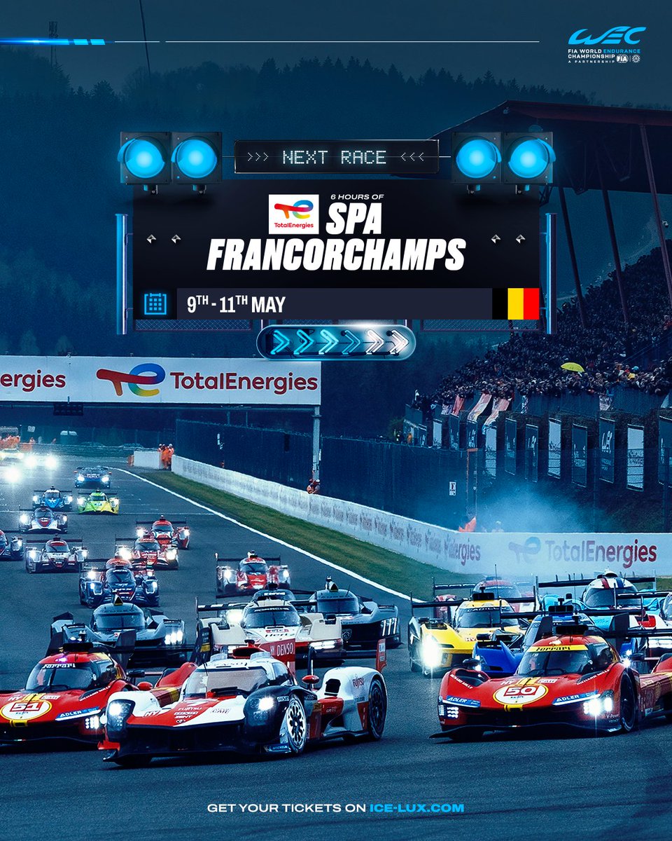 UP NEXT: Spa-Francorchamps 🔥 Get your tickets for the TotalEnergies 6 Hours of Spa on May 11th and join thousands of WEC fans to celebrate the golden era of endurance racing! 🔗 bit.ly/SpaTickets #WEC #6HSpa