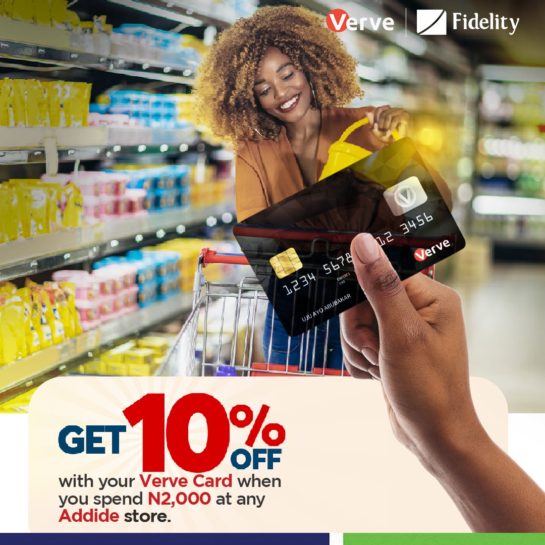 Hey Fidelity Fam! Stay winning with your Fidelity Verve Card! 💪🛍️🛒 Get 10% off when you spend a minimum of N2k at any Addide store near you! This offer lasts until May 27, 2024, so get shopping! 🥳 #WeAreFidelity #TheLifestyleBank