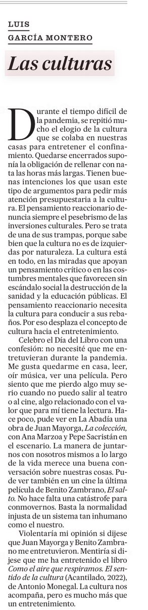 A raíz de la columna de @lgm_com y quiénes reducen la cultura a mero entretenimiento,querría contar algo… va hilo 👇🏼👇🏼👇🏼