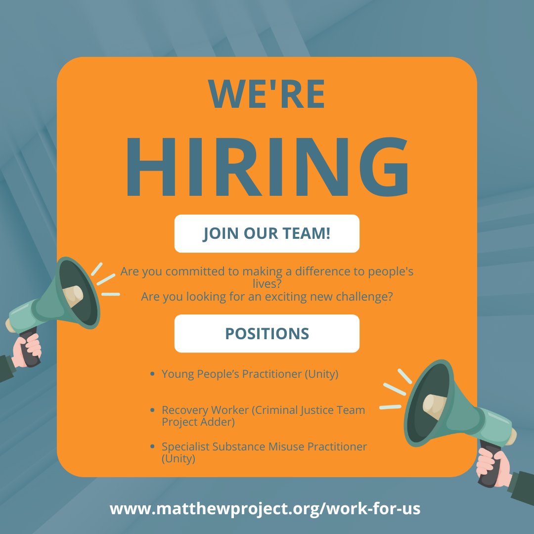 📢NEW VACANCIES ALERT! Are you committed to making a difference to people's lives? *Young People’s Practitioner (Unity) *Recovery Worker (Criminal Justice Team Project Adder) *Specialist Substance Misuse Practitioner (Unity) Visit > matthewproject.org/work-for-us
