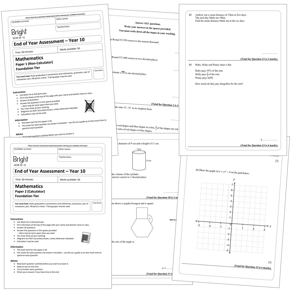 🎓Year 10F end of year assessments 🎓 The end of year exams for year 10 foundation tier students are now on Bright. These are two papers; a non-calculator and a calculator paper, 50 marks each, including mark schemes and marksheets. bright-maths.co.uk/assessments