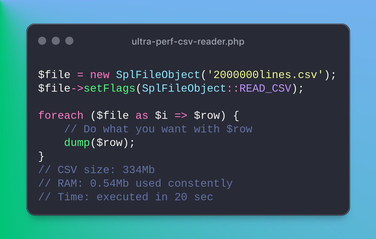 Gentle reminder. Most of the time, you don't need fancy CSV library to parse a huge file

php.net/manual/en/splf…