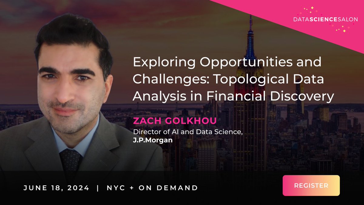 Dive into Topological Data Analysis in Financial Discovery at #DSSNYC on June 18! 👉 datascience.salon/newyork/ This session presented by V. Zach Golkhou, Director of AI and Data Science at @JPMorgan will highlight the integration of #GenerativeAI with #TDA to enhance…